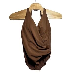 Miraclesuit Wrapsody Brown Halter One Piece Swimsuit Tummy Control Size 14